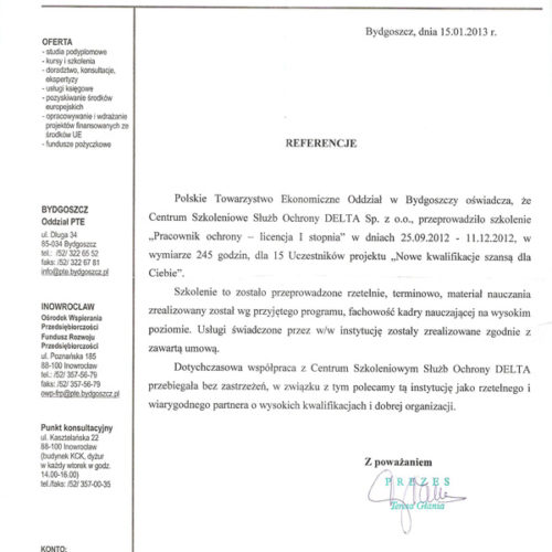 Referencja Polskiego Towarzystwa Ekonomicznego 2013