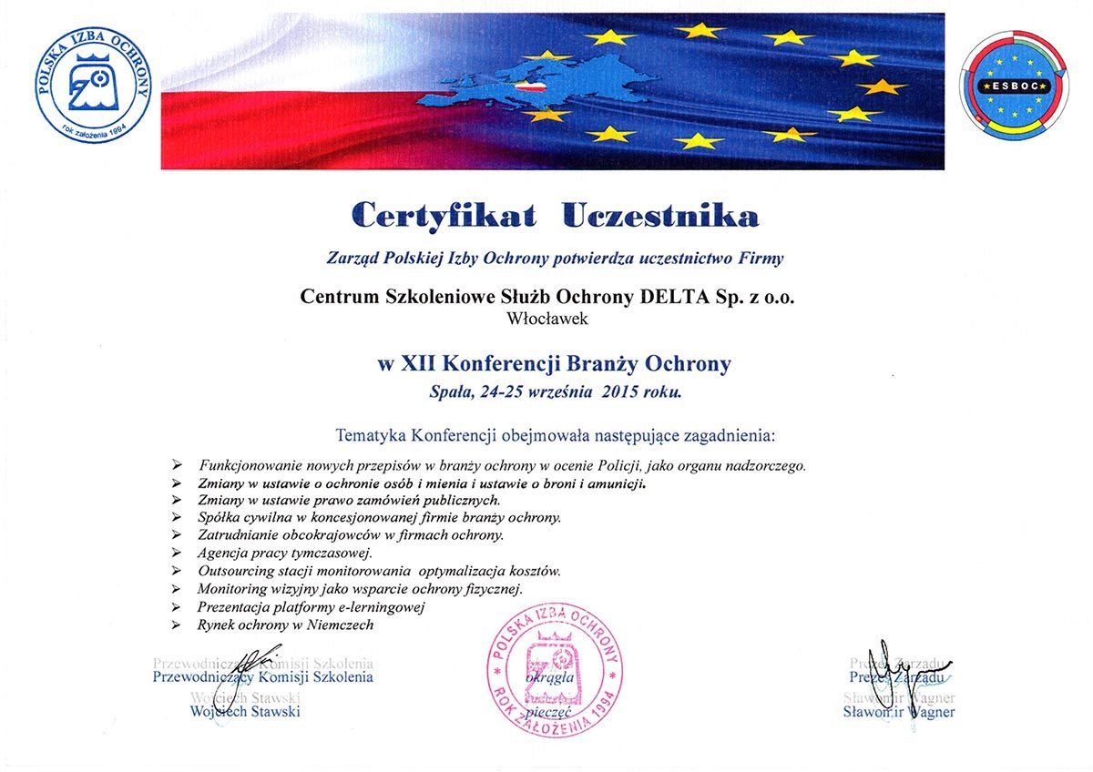 Certyfikat XII Konferencji Branży Ochrony 2015