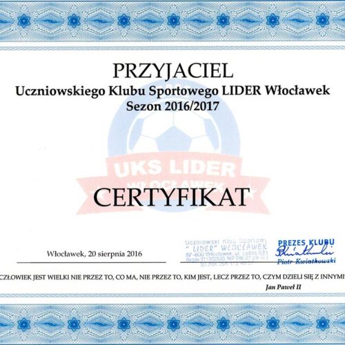 Certyfikat Przyjaciela Uczniowskiego Klubu Sportowego LIDER 2016