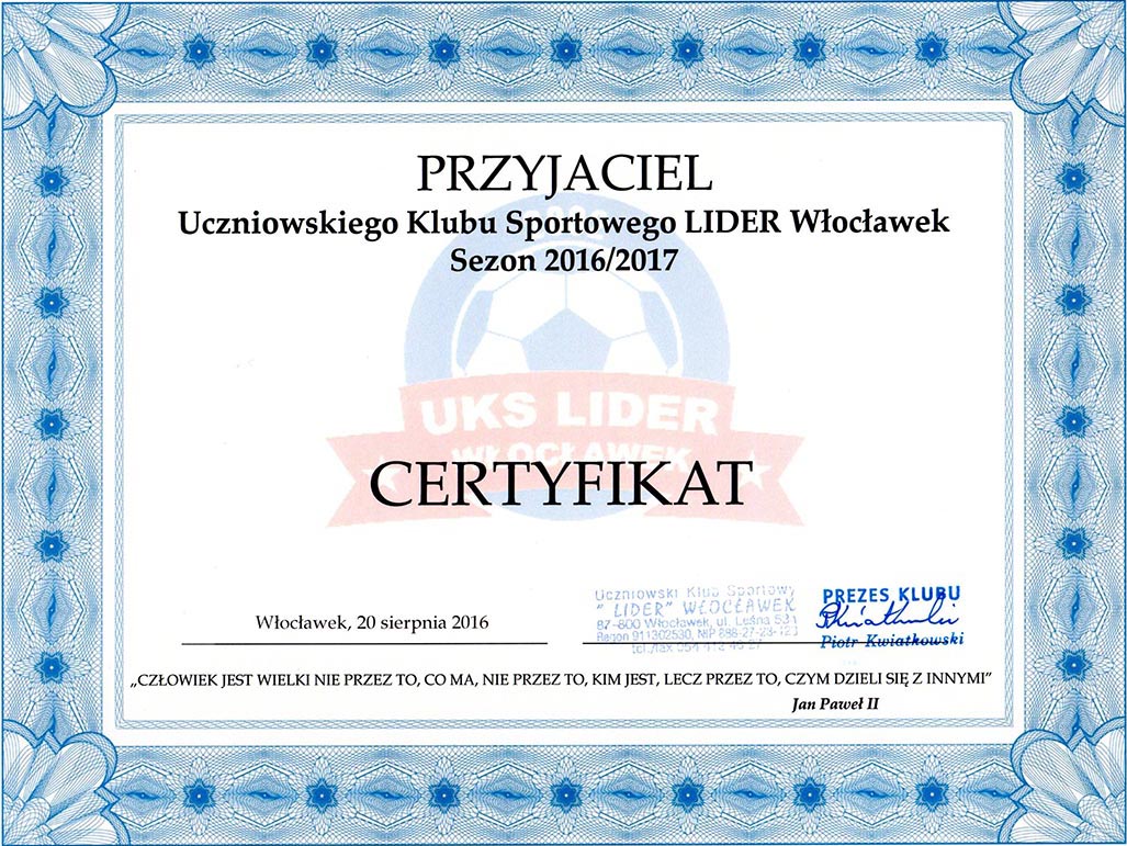 Certyfikat Przyjaciela Uczniowskiego Klubu Sportowego LIDER 2016