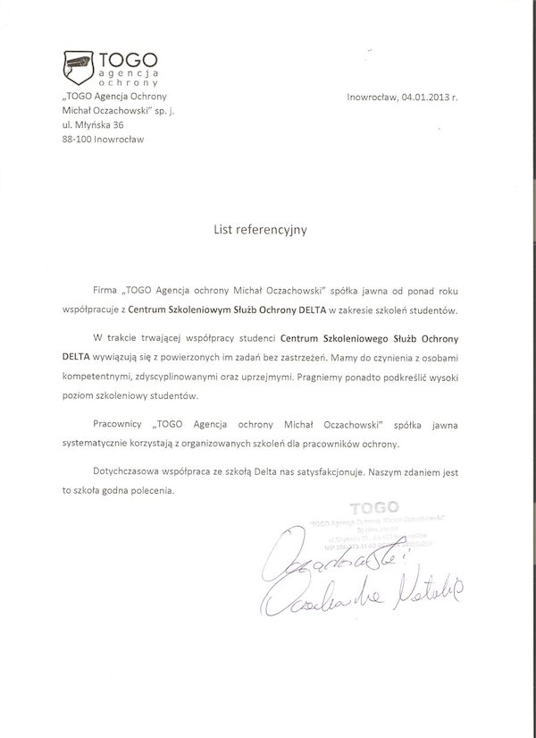 List referencyjny Agencji Ochrony TOGO 2013