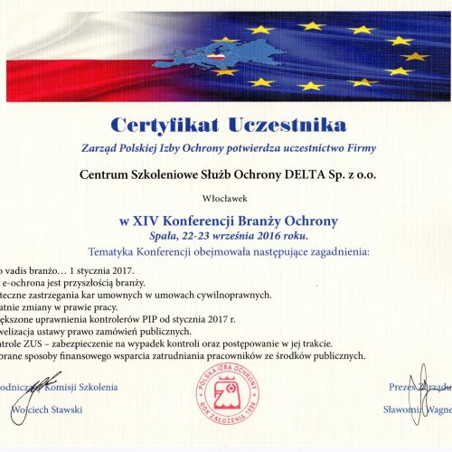 Certyfikat Uczestnika w XIV Konferencji Branży Ochrony