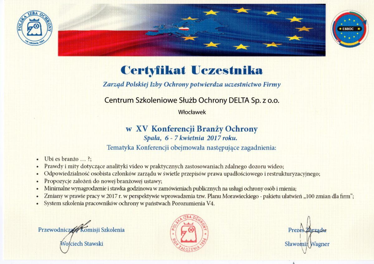 Certyfikat Uczestnika w XV Konferencji Branży Ochrony